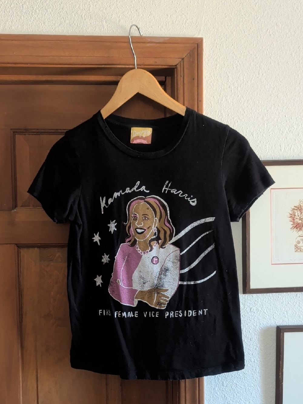 KAMALA Black Graphic Tee with Pink & Silver